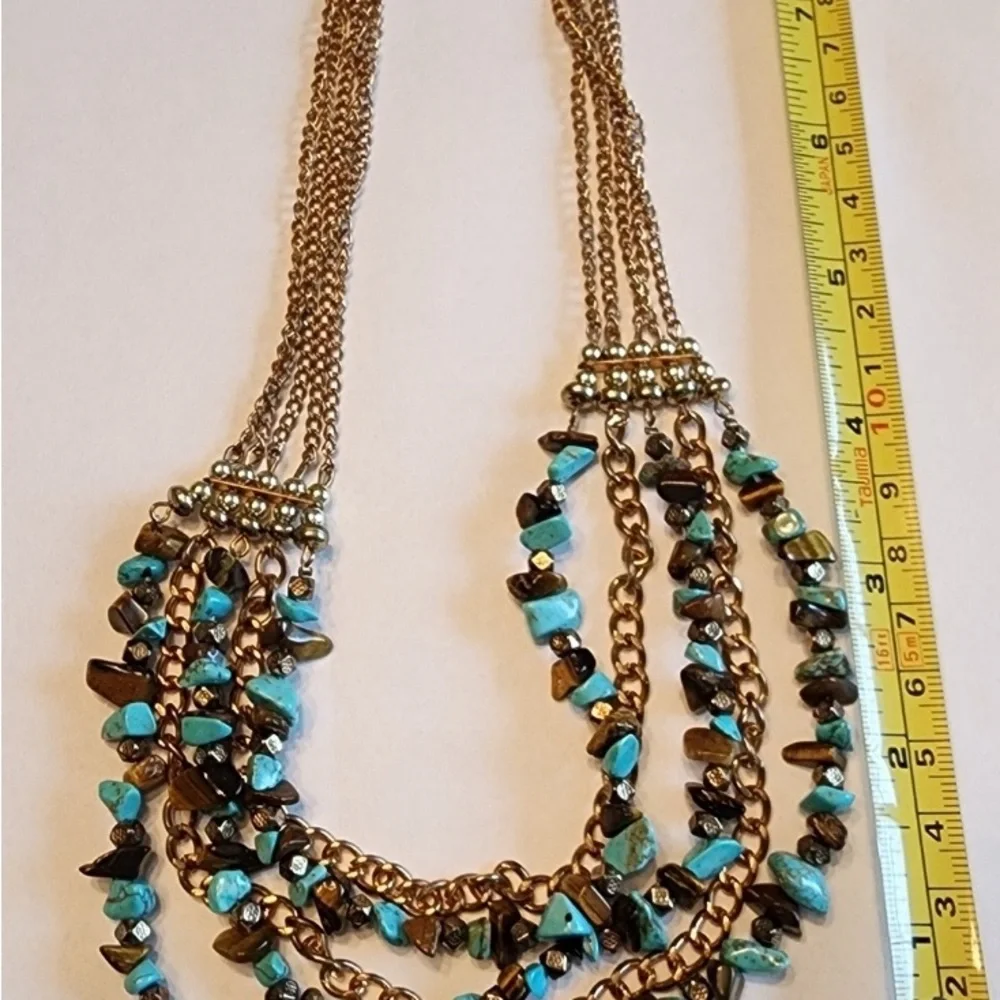 Turquoise & Tiger’s Eye Style Multi-Strand Beaded Statement Necklace – Boho Chic